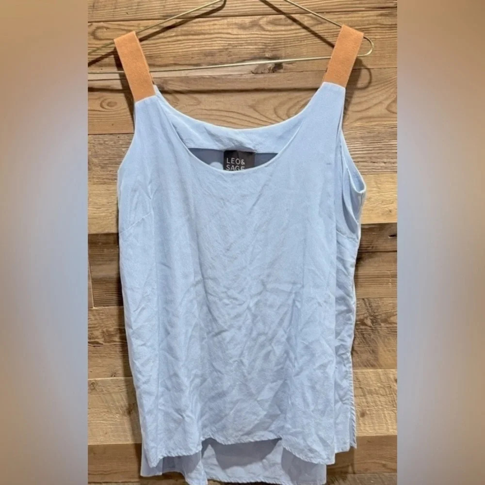 Leo&Sage 💯 Silk blouse top slits brown strap light blue luxury Revolve tank M